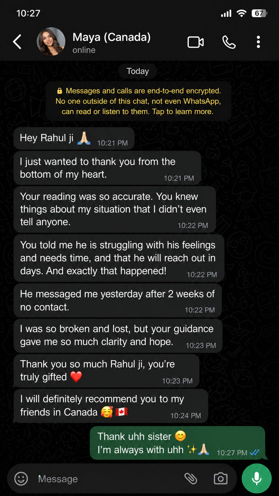 Love Tarot Reading Client Review from whatsapp